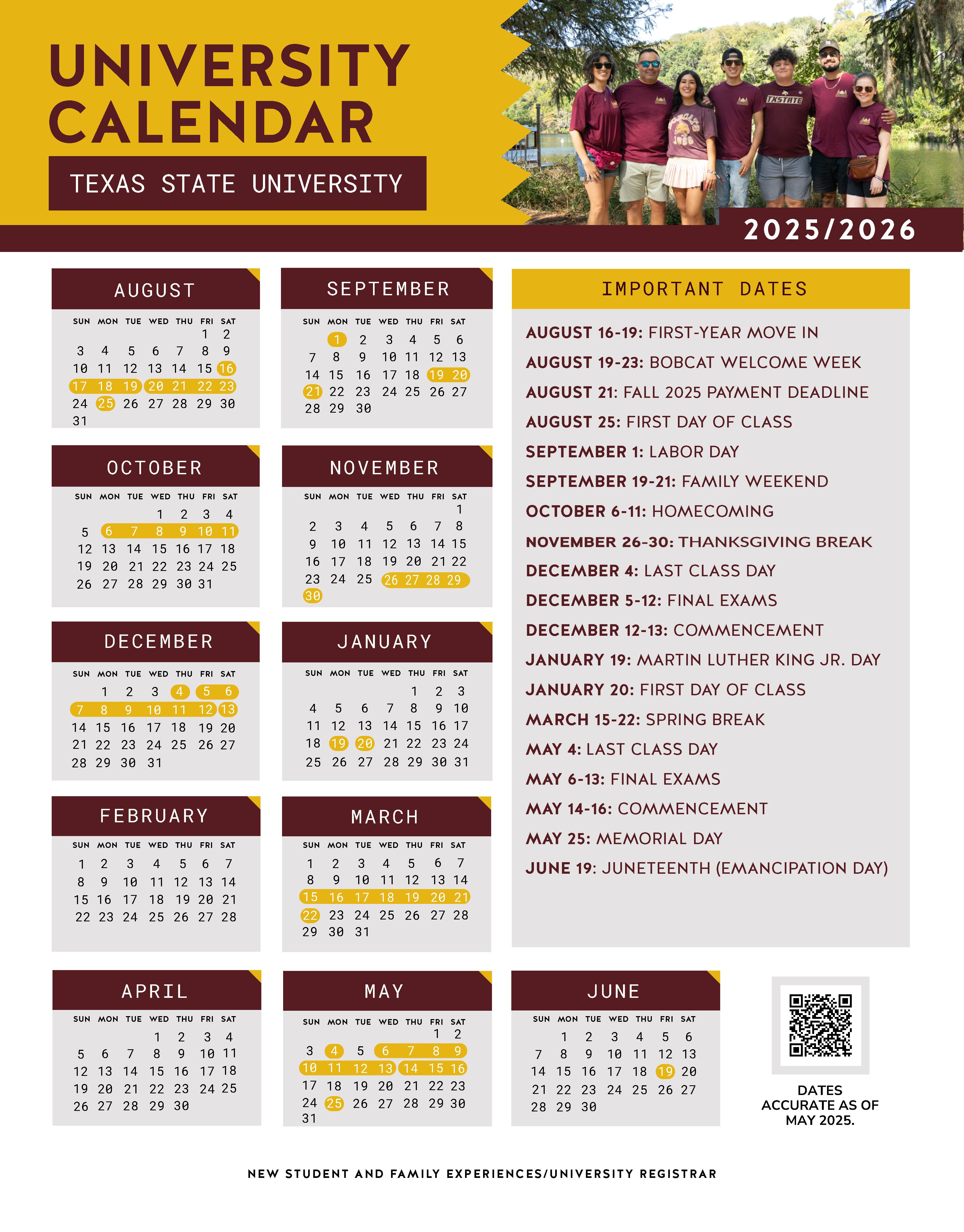 Parent and Family Calendar : Family Experiences : Texas State University